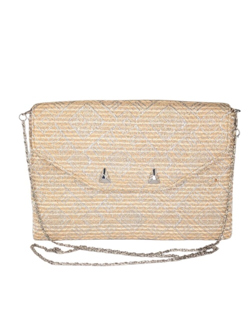 Stella & Dot Tan Woven Rattan Metallic Silver Slim File Flap Clutch Crossbody